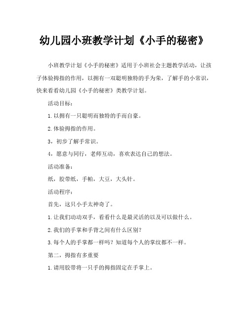 幼儿园小班教案《小手的秘密》