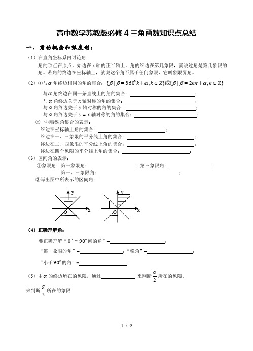 高中数学苏教版必修4三角函数知识点总结
