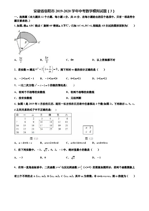 安徽省阜阳市2019-2020学年中考数学模拟试题(3)含解析