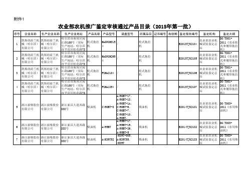 农业部农机推广鉴定审核通过产品目录(2015年第一批)