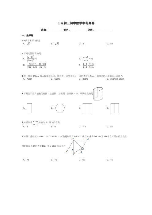 山东初三初中数学中考真卷带答案解析
