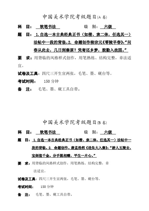 中国美术学院考级软笔书法6级A.B卷