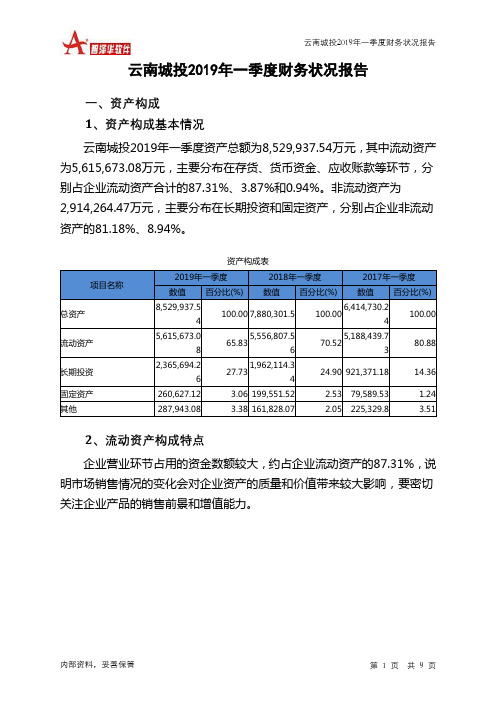 云南城投2019年一季度财务状况报告