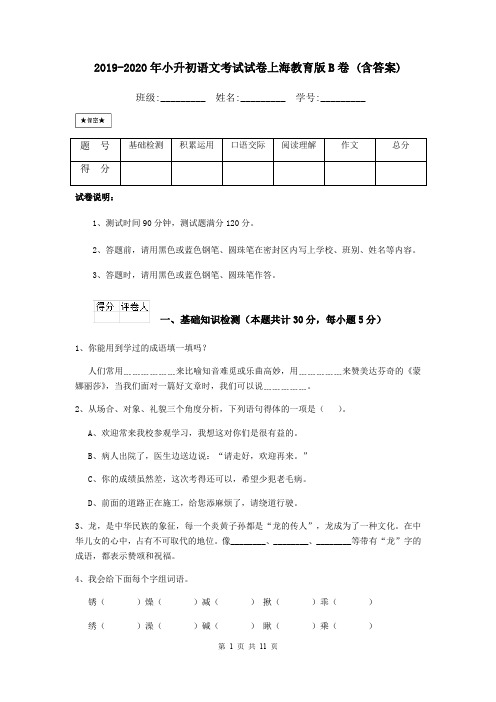 2019-2020年小升初语文考试试卷上海教育版B卷 (含答案)