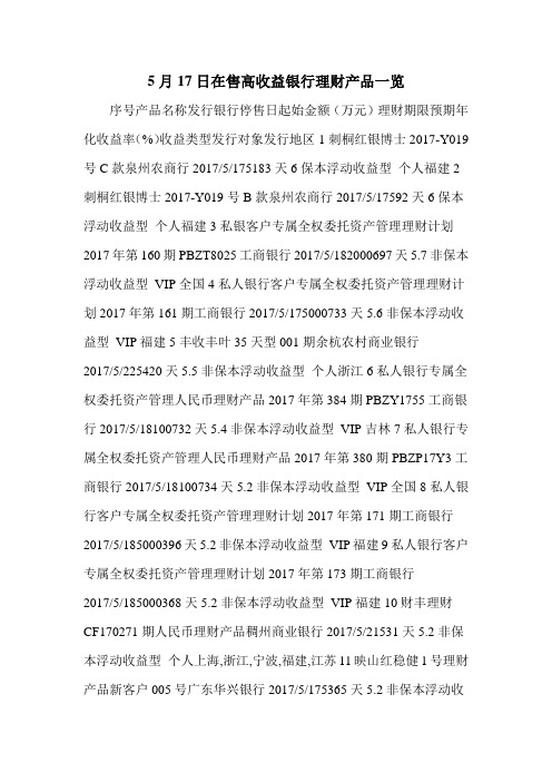 5月17日在售高收益银行理财产品一览