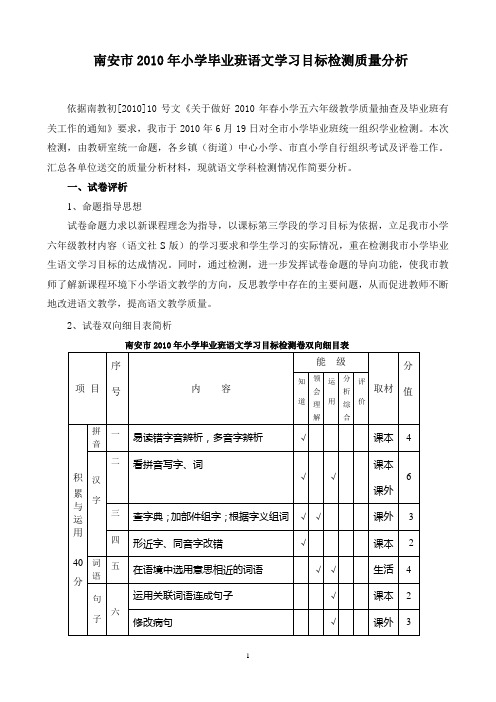 南安市2010年小学毕业班语文学习目标检测质量分析