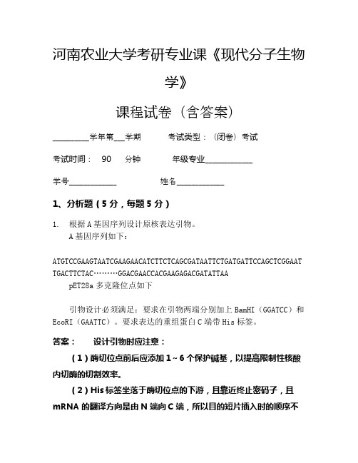 河南农业大学考研专业课《现代分子生物学》考试试卷(243)