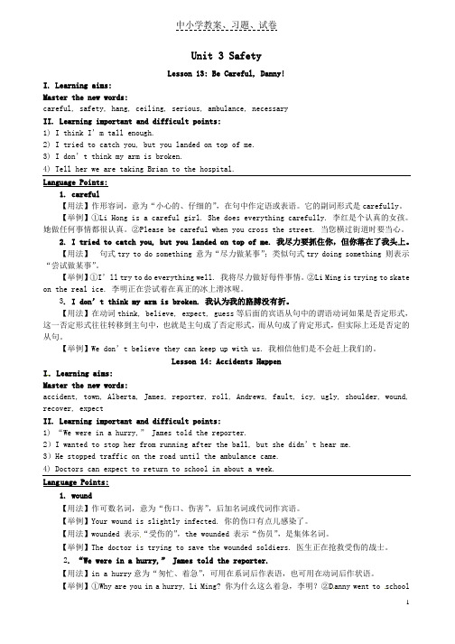 【精品】九年级英语上册Unit3Safety教案新版冀教版