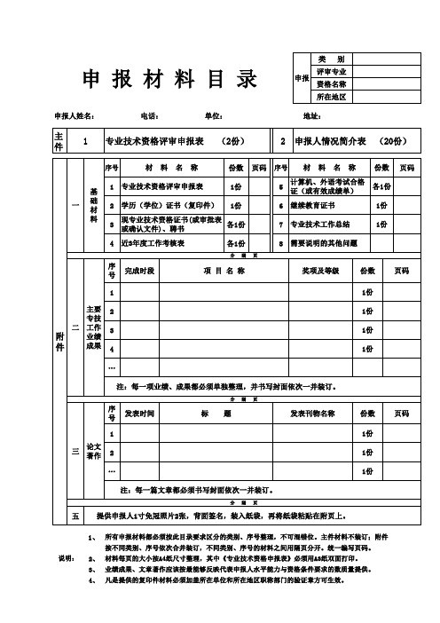 南通市专业技术资格评审材料目录(档案袋封面)