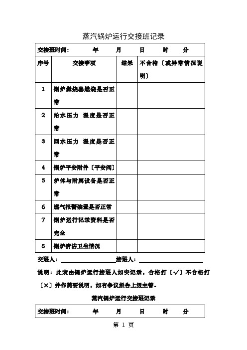 蒸汽锅炉运行交接班记录