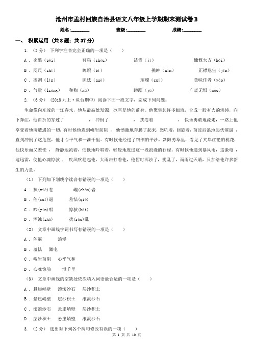 沧州市孟村回族自治县语文八年级上学期期末测试卷B
