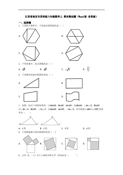 江苏省南京市苏科版八年级数学上 期末测试题(Word版 含答案)