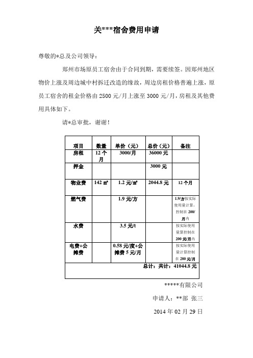 关于员工宿舍费用申请报告