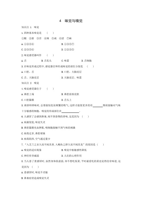 华东师大版科学八年级下册课时练习   3.4 味觉与嗅觉