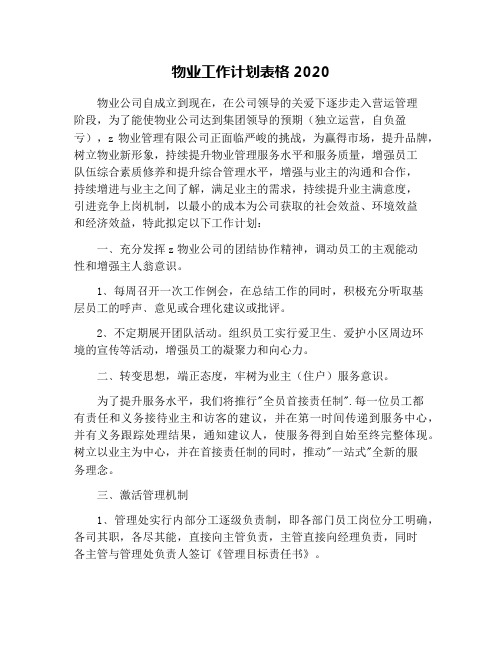 物业工作计划表格2020