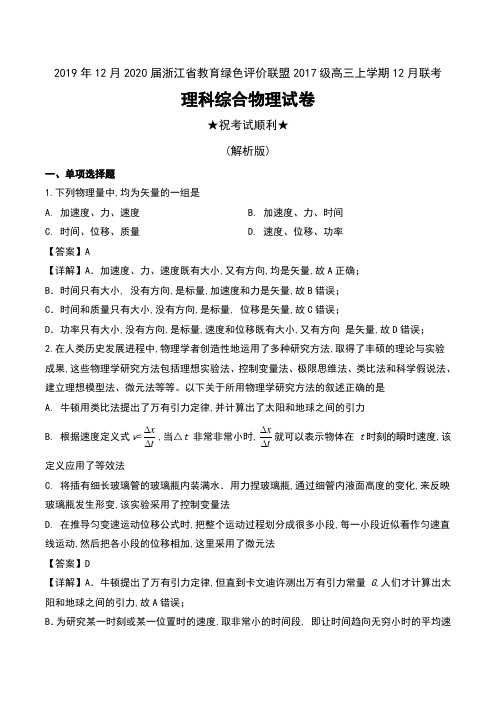 2019年12月2020届浙江省教育绿色评价联盟2017级高三上学期12月联考理科综合物理试卷及解析