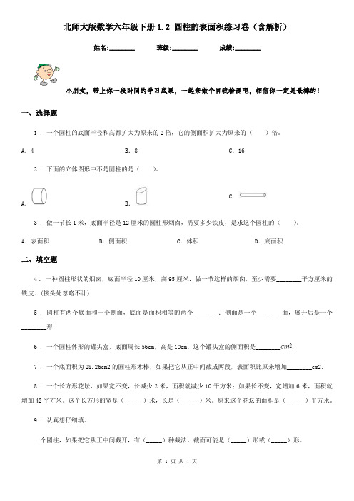 北师大版数学六年级下册1.2 圆柱的表面积练习卷(含解析)