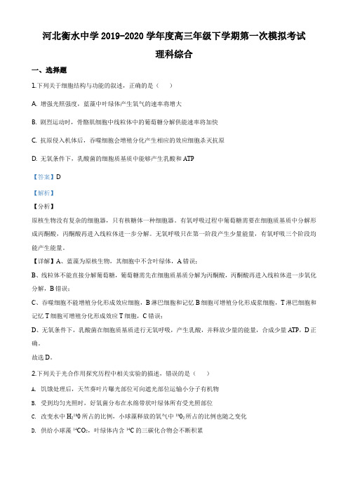 2020届河北省衡水中学高三第一次模拟理综生物试题(解析版)