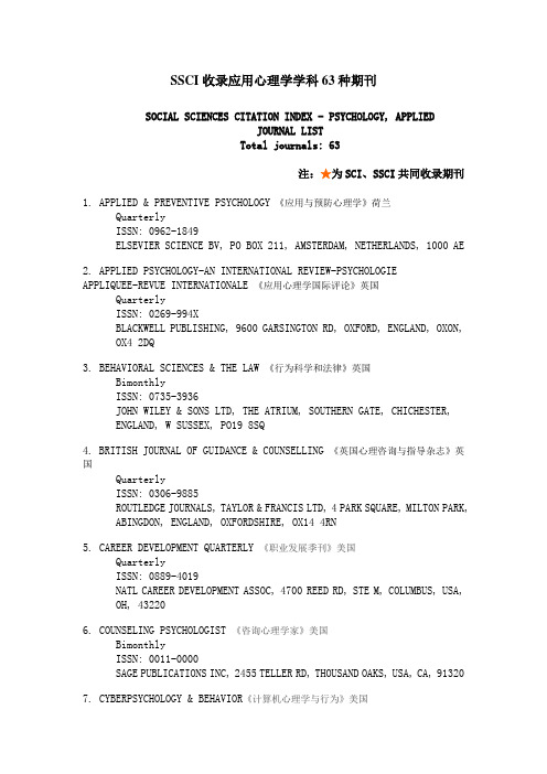 SSCI收录应用心理学学科63种期刊