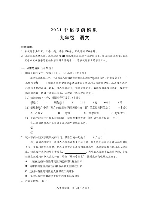 2021年河南省实验中学初三九年级中考考前模拟语文试卷+答案