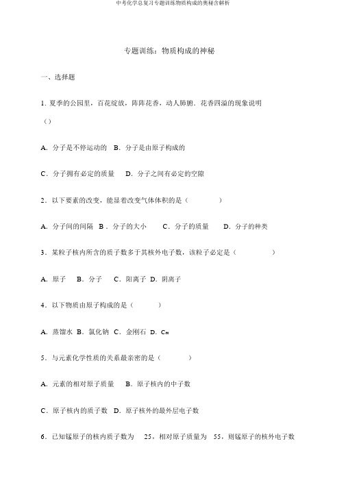 中考化学总复习专题训练物质构成的奥秘含解析