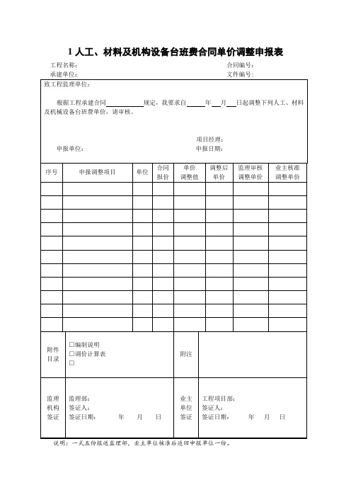 人工、材料及机构设备台班费合同单价调整申报表