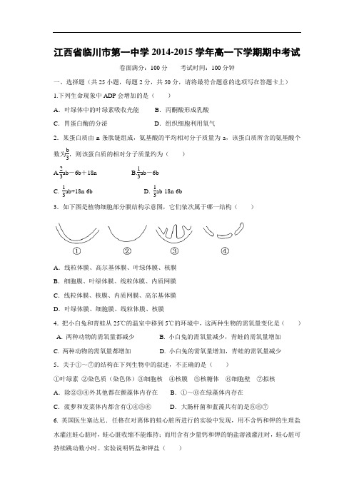 临川市第一中学2014-2015学年高一下学期期中考试生物试题及答案