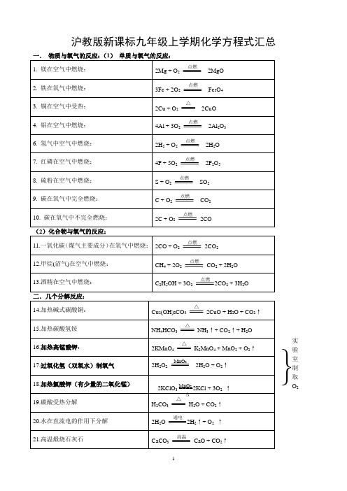 沪教版上册化学方程式汇总(免费的!!)