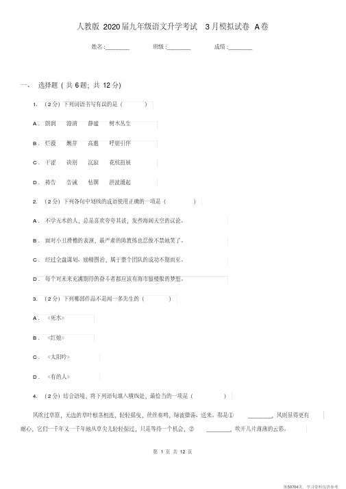 (精品文档)人教版2020届九年级语文升学考试3月模拟试卷A卷