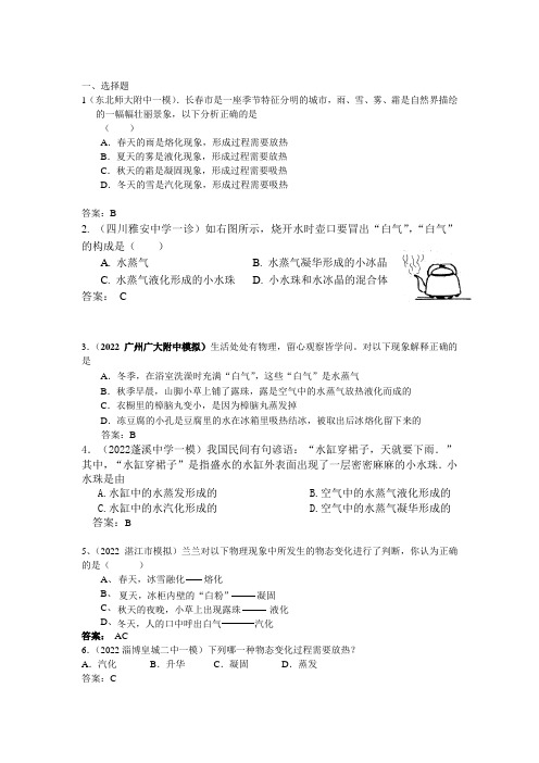2022年中考物理模拟试卷汇编--物态变化