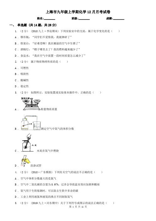 上海市九年级上学期化学12月月考试卷
