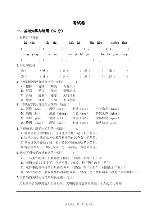 小升初名校语文考试卷及答案培训资料