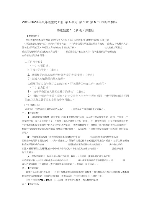 2019-2020年八年级生物上册第4单元第1章第5节根的结构与功能教案1(新版)济南版