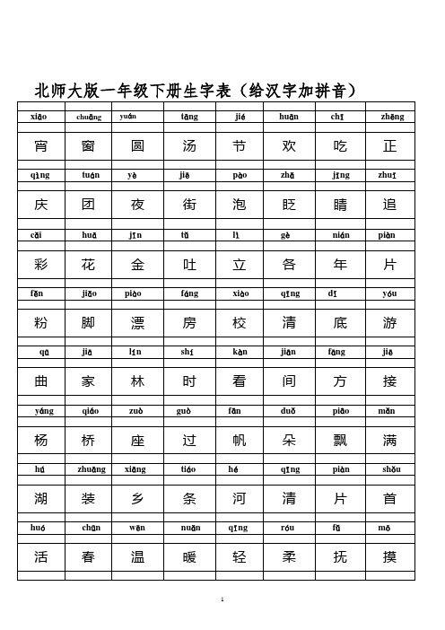 北师大版一年级生字表汉字加拼音下册(定)