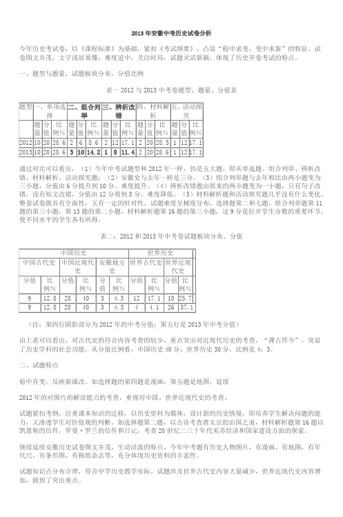 2013年安徽中考历史试卷分析