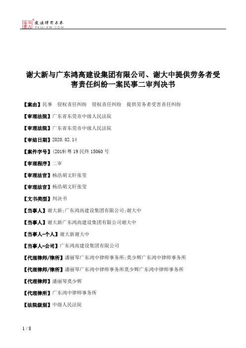 谢大新与广东鸿高建设集团有限公司、谢大中提供劳务者受害责任纠纷一案民事二审判决书