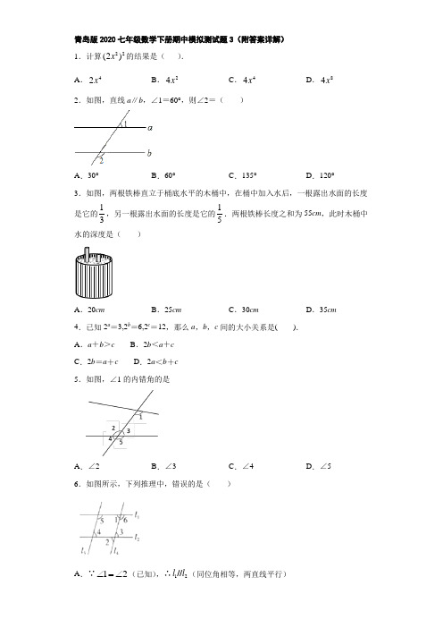 青岛版2020七年级数学下册期中模拟测试题3(附答案详解)