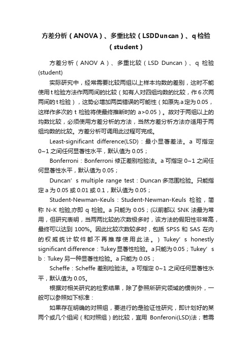 方差分析（ANOVA）、多重比较（LSDDuncan）、q检验（student）