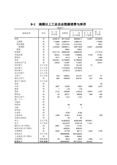 唐山市统计年鉴2019社会经济发展指标数据：9-1工业企业能源消费与库存