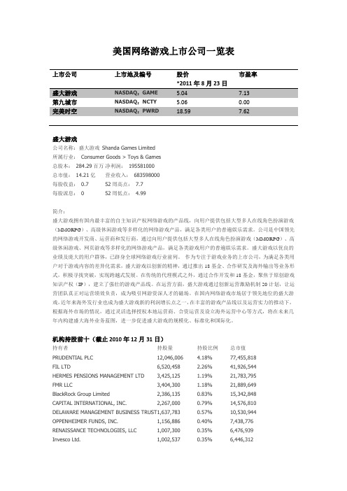 美国网络游戏上市公司一览表