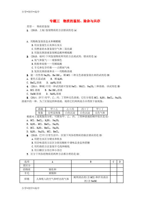 教育最新K12甘肃省2016中考化学 专题三 物质的鉴别、除杂与共存训练