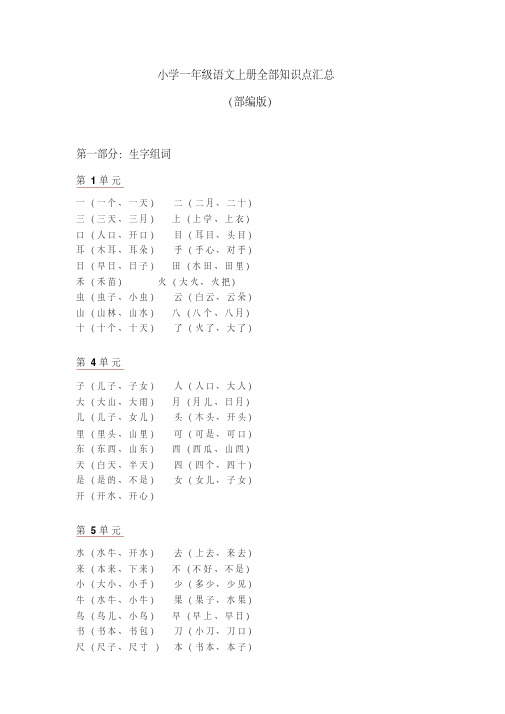 小学新一年级语文上册各单元字词句音全部知识点汇总