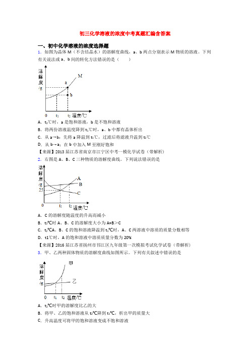 初三化学溶液的浓度中考真题汇编含答案