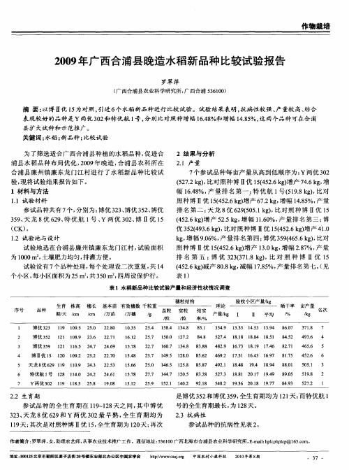 2009年广西合浦县晚造水稻新品种比较试验报告