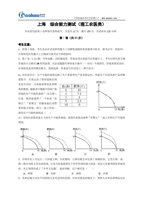 2008年高考理综试题及答案(上海卷)