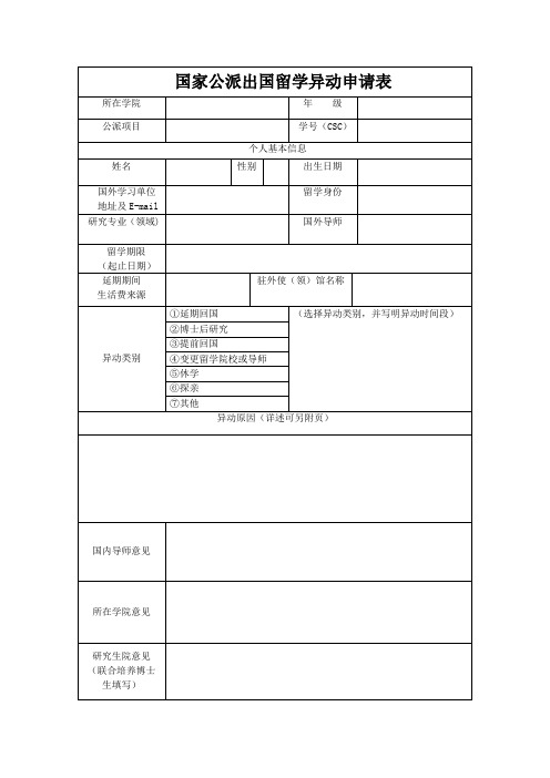 国家公派出国留学异动申请表