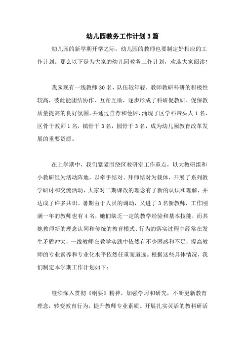 2020年幼儿园教务工作计划3篇