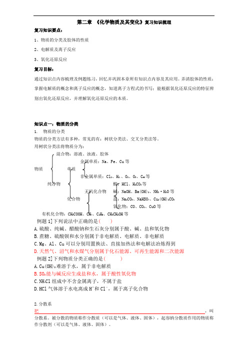 高中化学人教版必修一第二章 物质及其变化知识梳理+章末综合复习试题学生版