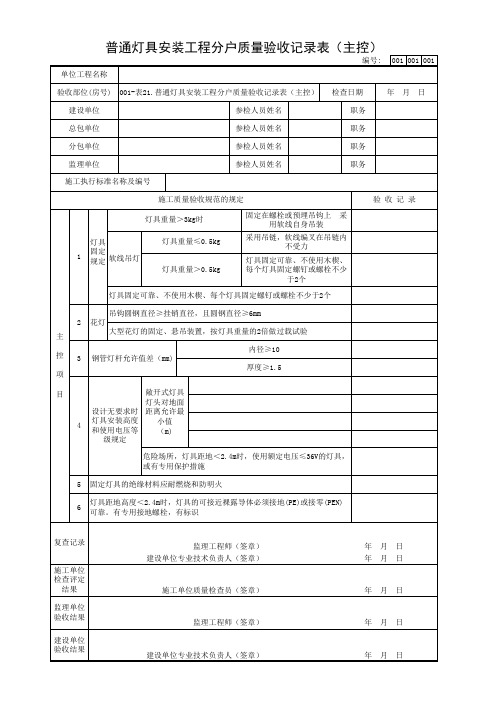 表21.普通灯具安装工程分户质量验收记录表(主控)