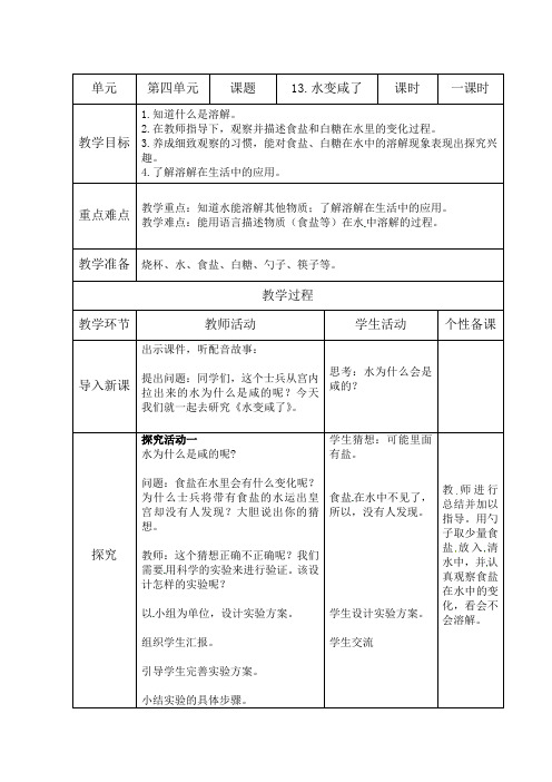 一年级上册科学教案-13 水变咸了｜青岛版(六年制)
